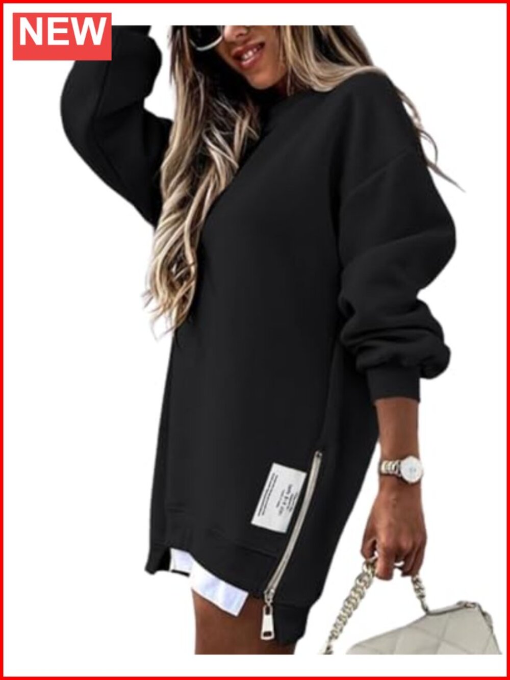 Oversized Long Sleeve Crewneck Sweatshirt with Zipper Hem